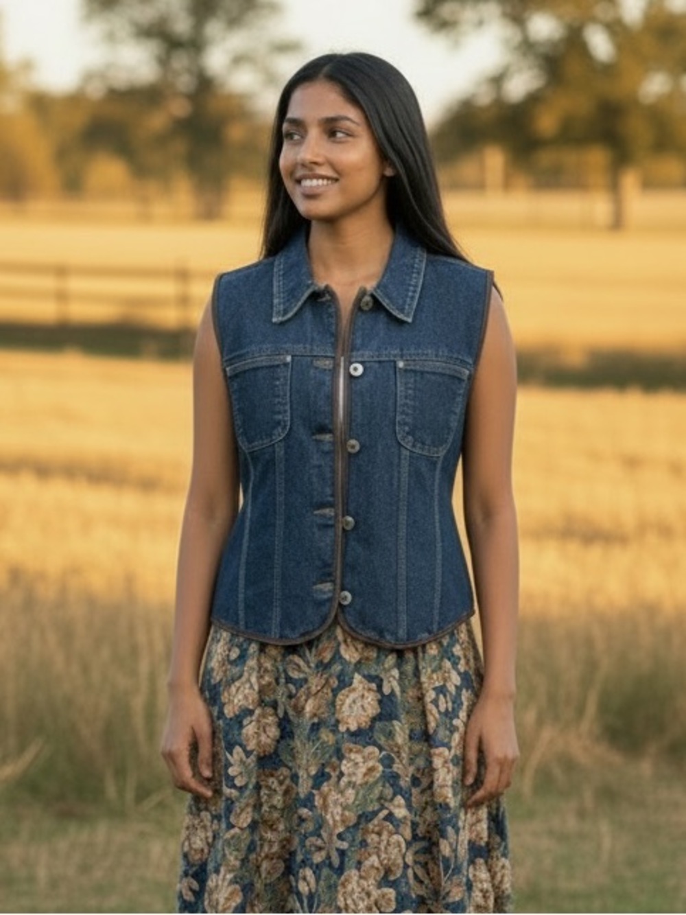 Vintage Liz Claiborne 100% Cotton Leather Trimmed Denim Button-up Vest, Large